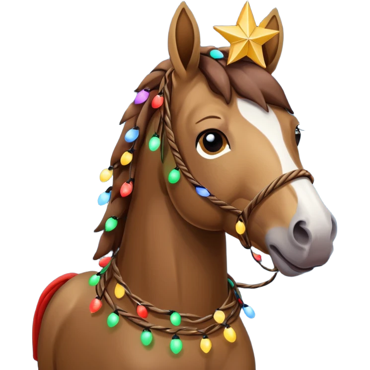 Horse rapped in Christmas lights with star on head emoji