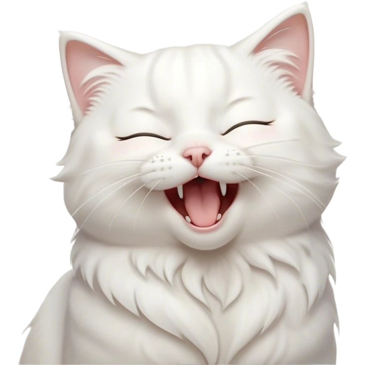 Cinematic Cute Yawning White Cat Portrait Emoji, Head gently tilted with an endearing, wide-open yawn and softly closed eyes, showcasing a pristine white fur with delicate hints of silver, simplified yet irresistibly adorable, highly detailed, glowing with a tender, cozy radiance, high shine, exuding sleepy charm and gentle affection, styled with a soft glowing outline, capturing the essence of a white cat caught mid-yawn, radiating pure, adorable lethargy! emoji