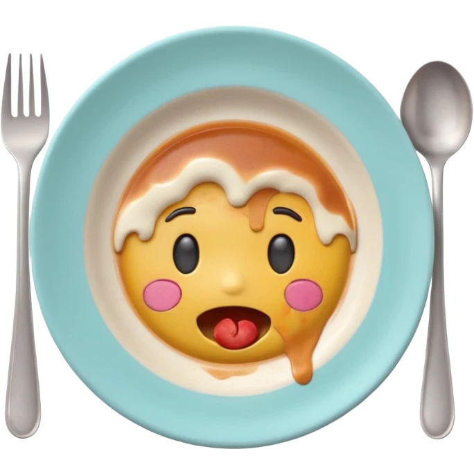 Cute 3D emoji of a dirty plate after eating, leftover food scraps, sauce stains on the plate, small fork and spoon resting on the plate, slightly messy but funny, soft pastel colors, rounded shape, clean background, kawaii style, expressive and playful, high quality, emoji style emoji