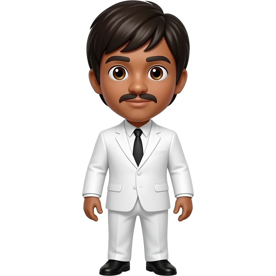 A full body dark skinned midget philipino man with a mushroom cut wearing a white suit with a Shaggy bowl haircut like the Beatles emoji
