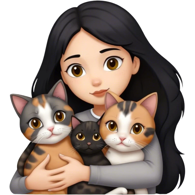 girl with black hair hugging three cats  (tortie cat, gray cat, brown calico cat) emoji