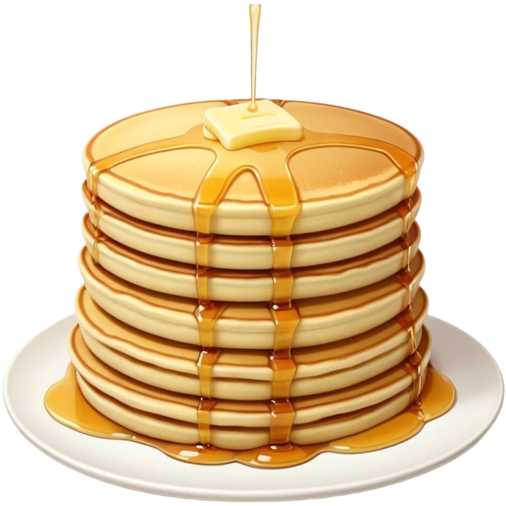 Cinematic fluffy golden pancakes, stacked high, drizzled with maple syrup, topped with fresh butter melting on top, light dusting of powdered sugar, warm and inviting, soft glow and mouthwatering. emoji