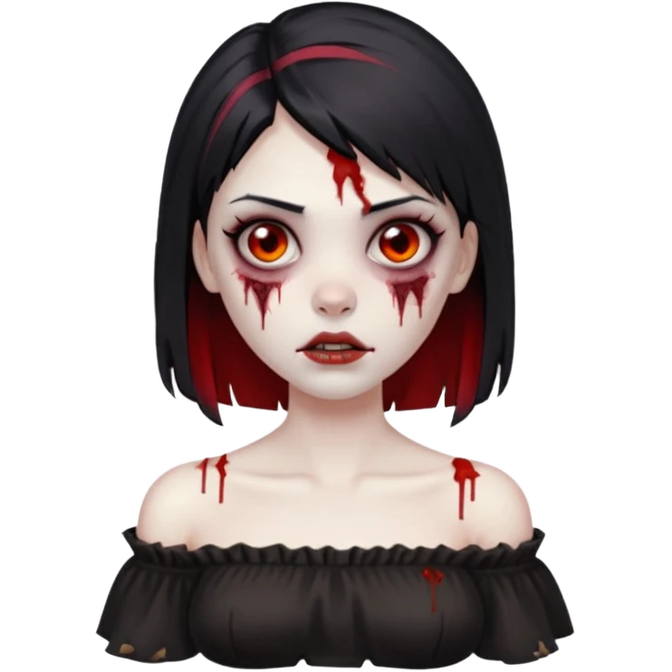 Garota zumbi com cabelo liso e mechas vermelhas na lateral da cabeça dos dois lados, usando uma blusa com manga caida preta emoji