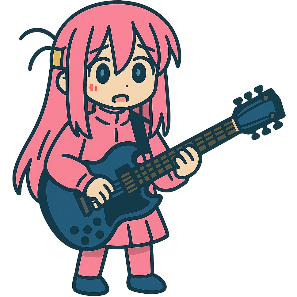 Bocchi the Rock in a pink costume with a guitar emoji