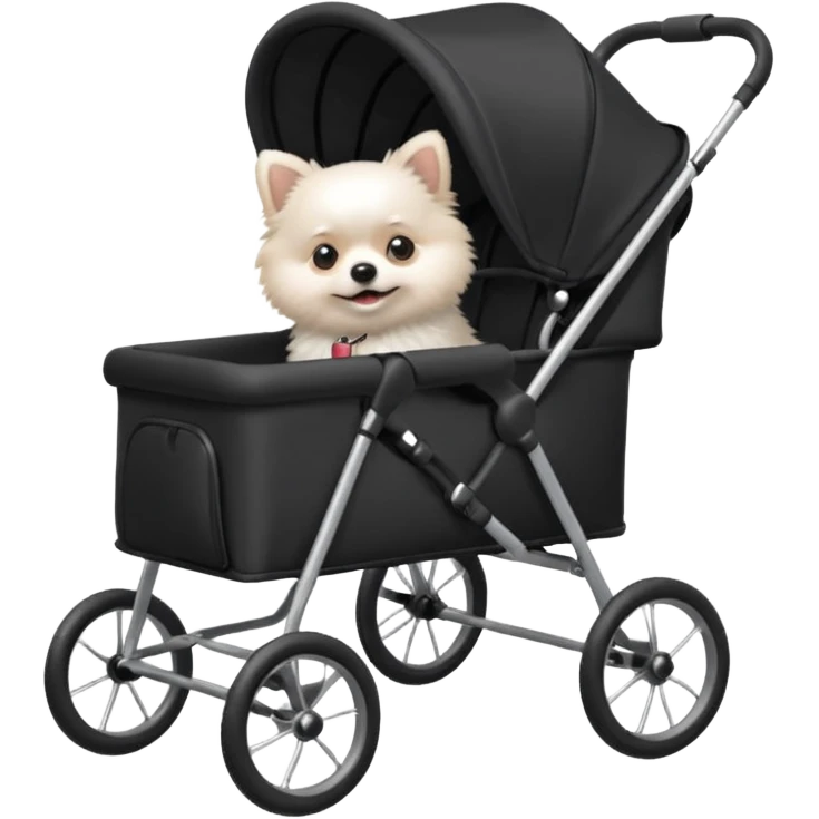 A white Pomeranian dog sits in a black baby stroller. A wheelchair with a folded roof. The image quality is ultra realistic. emoji