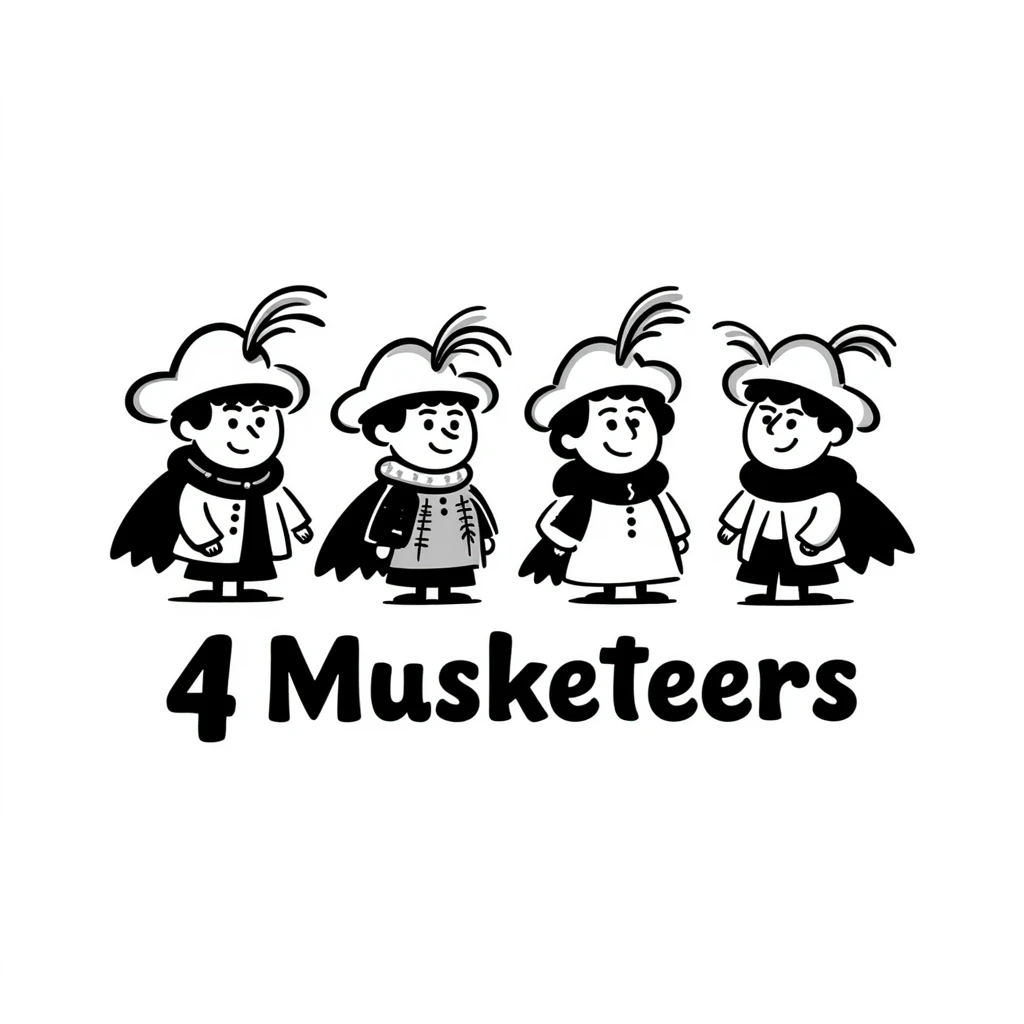 Cute cartoon of four musketeers with feathered hats and capes with the text "4 Musketeers" emoji