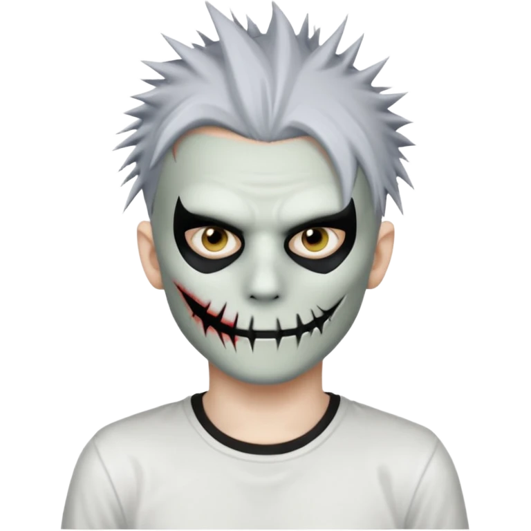 zombie boy with spiky emo hair and white shirt emoji and he wears an anonymous mask emoji