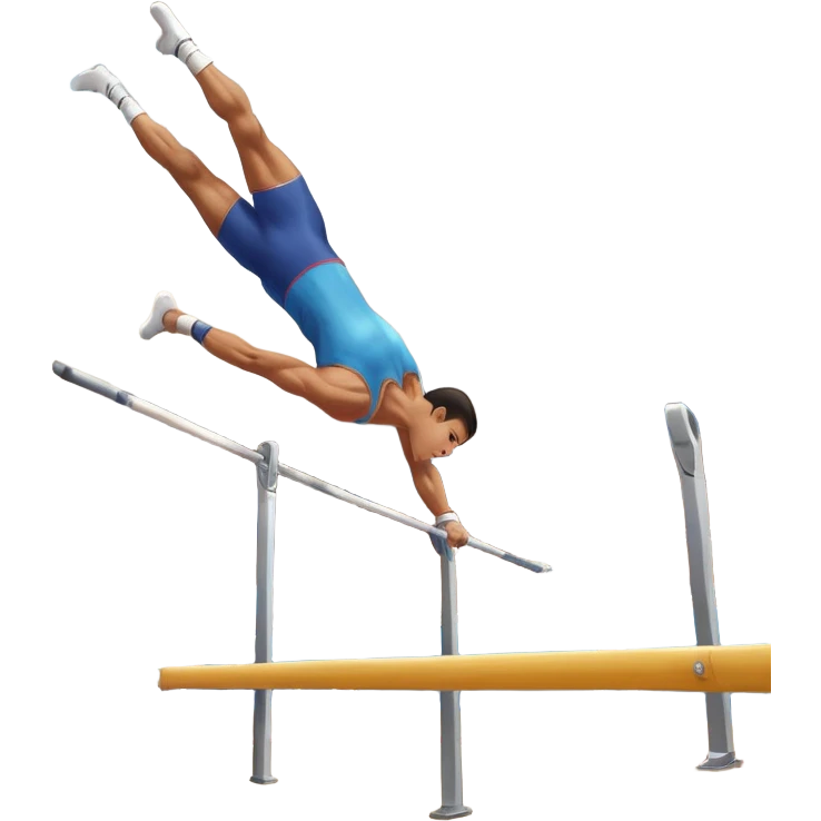 A professional male athlete performing on the parallel bars, showcasing strength and grace. His body is in mid-motion as he holds a perfect inverted position, demonstrating control and balance. The background features a bright gymnasium with high ceilings and a crowd cheering in the distance. emoji
