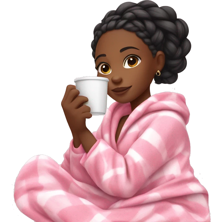 Black girl with goddess braids holding a cup of coffee while snuggling in a cozy pink blanket and cute pink and white pajamas  emoji