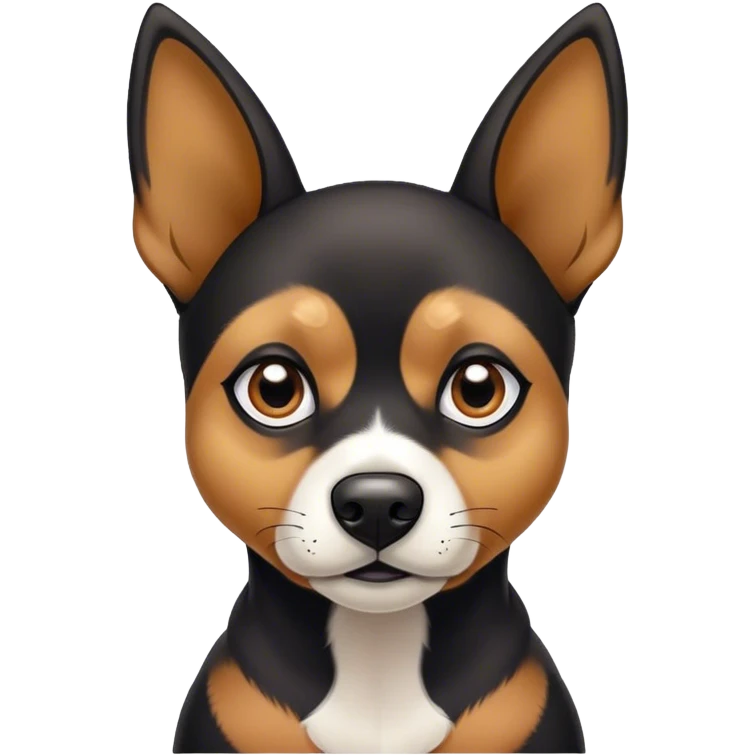 black and tan dog with pointy ears white chest. All black on face expect two small tan eyebrows emoji