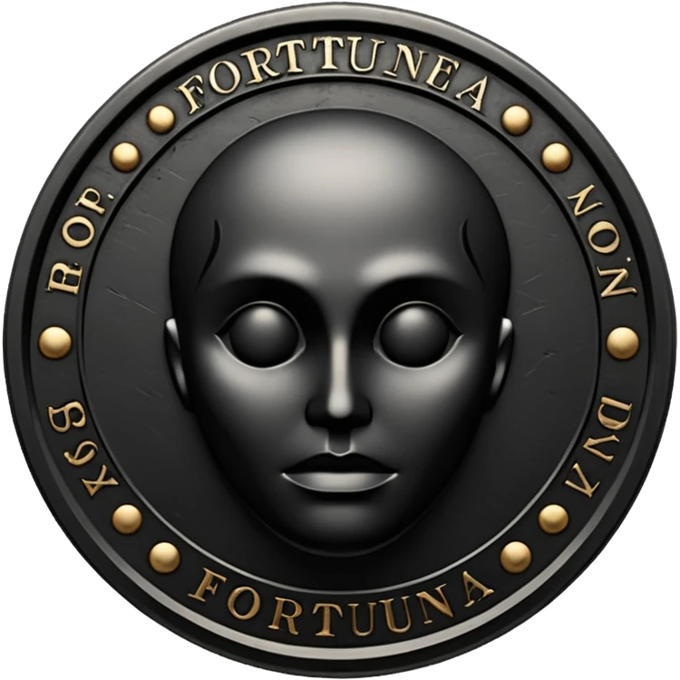 Emoji style, luxury gothic coin made of blackened metal, “FORTUNA” engraved in refined fashion typography, heavy sculptural form, subtle worn metal texture, avant-garde editorial aesthetic, no glow, no neon, flat emoji design, centered, transparent background emoji