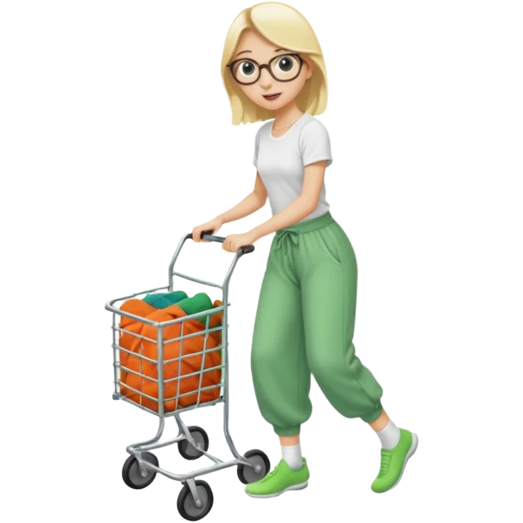 Fille blonde, pantalon d’Aladin vert. Lunettes ronde fine. Elle pousse un bac à roulette remplie de chaussettes  emoji