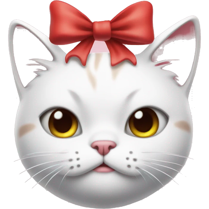A white cartoon cat with a red bow on its left ear, looking unwell., disgusting a pink liquid emoji