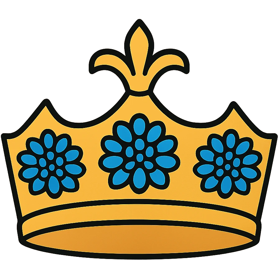 A queen level fantasy tiara-crown. The crown is golden and sun color shaded, and light royal blue colored dahlia flowers, are embedded in the ring of the crown. Ultra Realistic. Detailed design. Amazing details. emoji