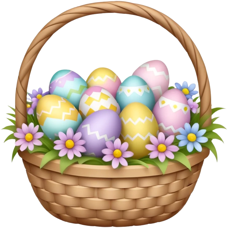 Easter basket filled with decorated eggs and spring flowers emoji