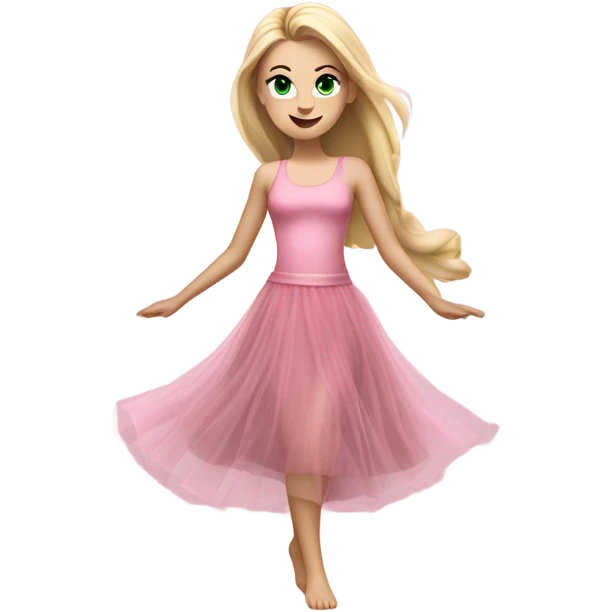 Realistic White girl with Long straight blonde hair, green eyes, tattoos, full body wearing pink tulle dress, dancing emoji