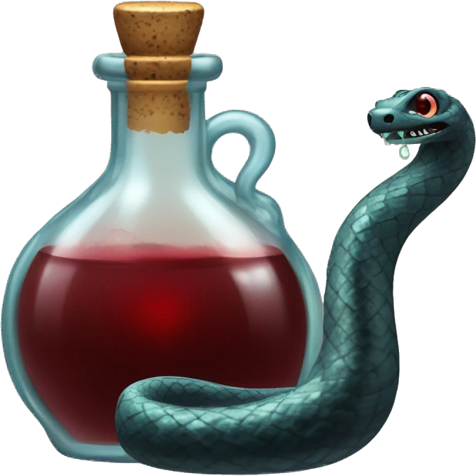 A glass potion bottle, with glittering blackish red liquid inside, and a snake coiling around the outside of the bottle. emoji