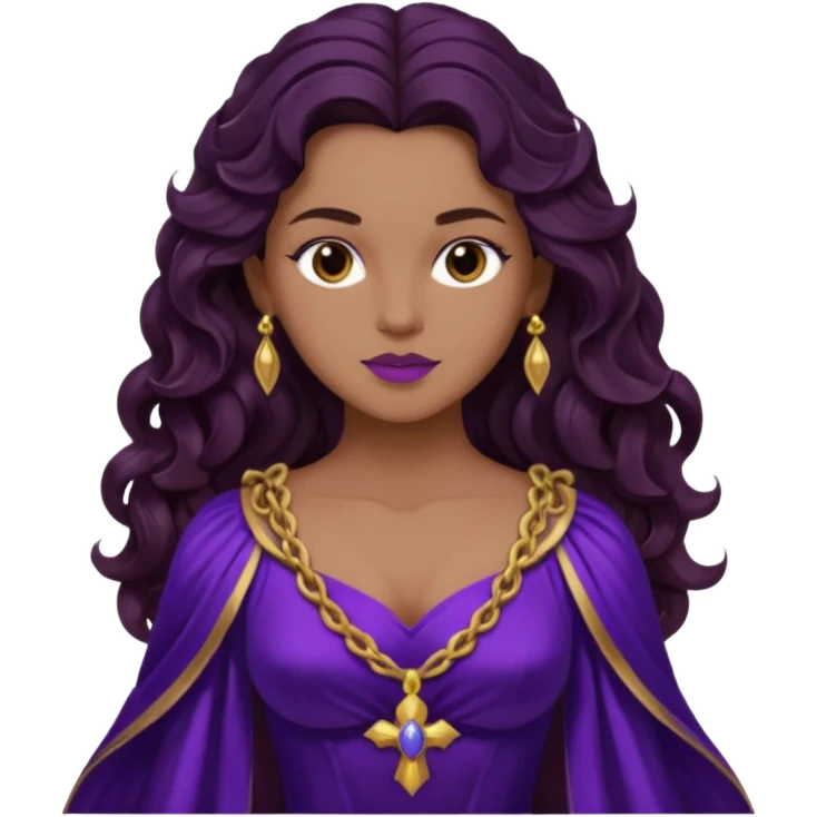 Hyacinth, Divine Hero from Gods and Goddesses with long dark brown wavy hair, deep purple outfit, tan skin emoji