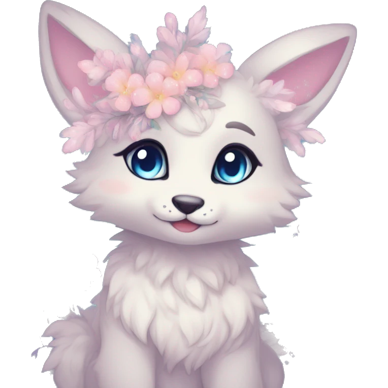 Anthro Cute Cool Blushing Pastel Innocent Shy Kawaii gorgeous sparkly ethereal fantasy anime animal creature with blue eyes furry sona with flowers and ribbons beautiful aesthetic emoji