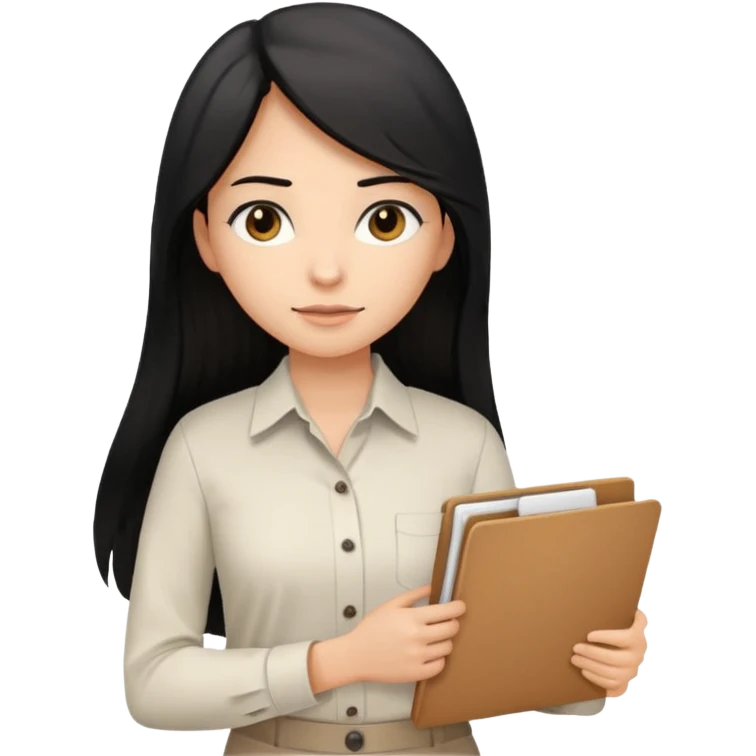 a light tan woman with long black hair past mid-back, round brown eyes, white button up shirt. holding manila folder emoji