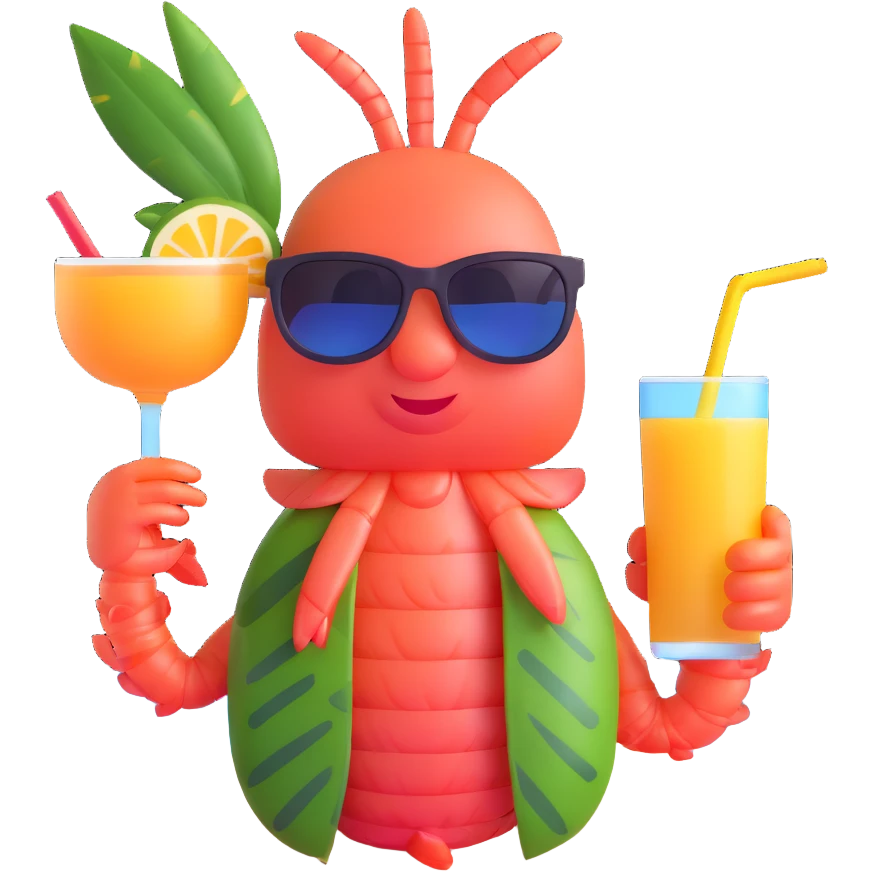 shrimp on vacation wearing sunglasses and a hawaiian shirt, holding a tropical drink, relaxing on a beach, memoji style emoji