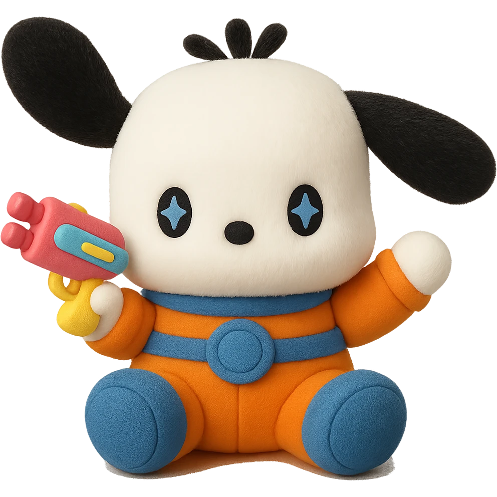 Make Pochacco hold a cute toy gun, keep him white with black ears, orange and blue space suit, plushy Popmart doll style, playful and adorable, no background emoji