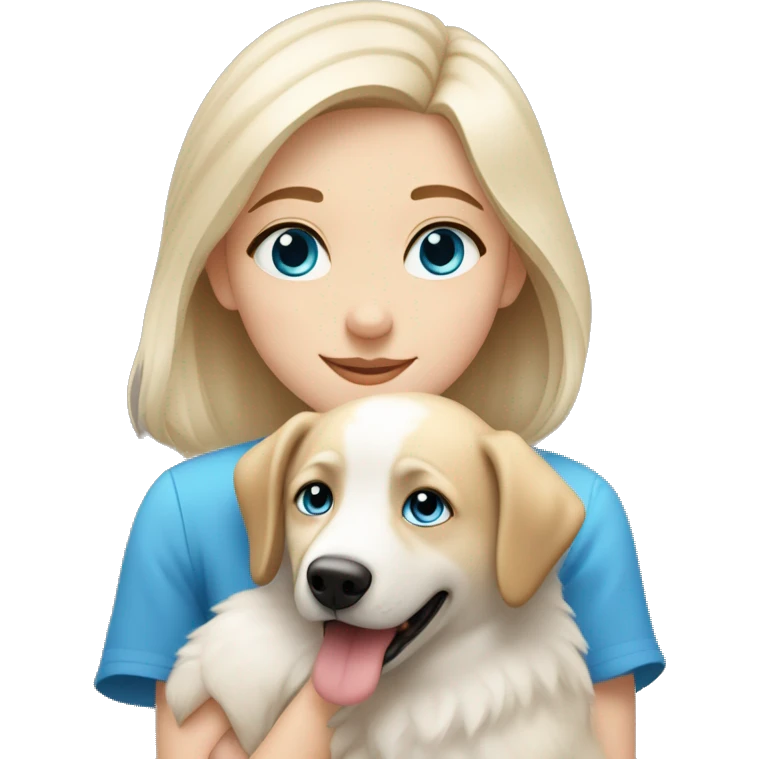 Blond girl with blue eyes cuddles a white Sheppard dog with brown eyes  emoji