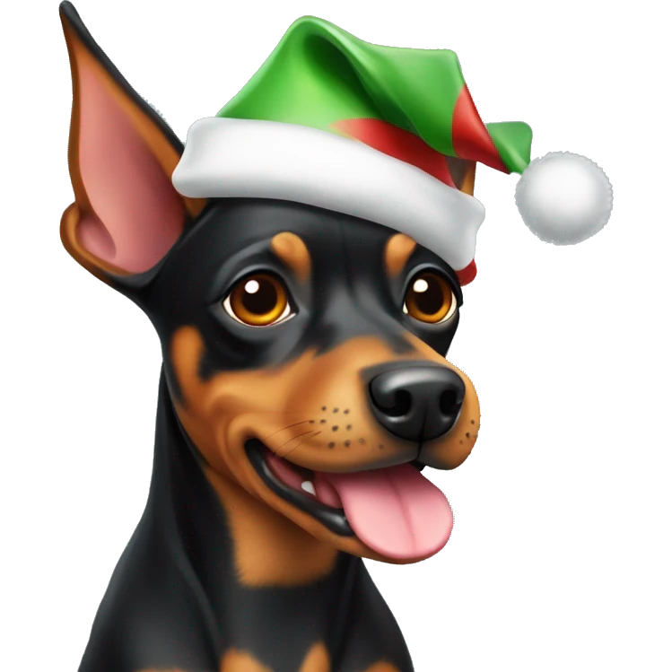 A pinscher dog with a Christmas hat emoji