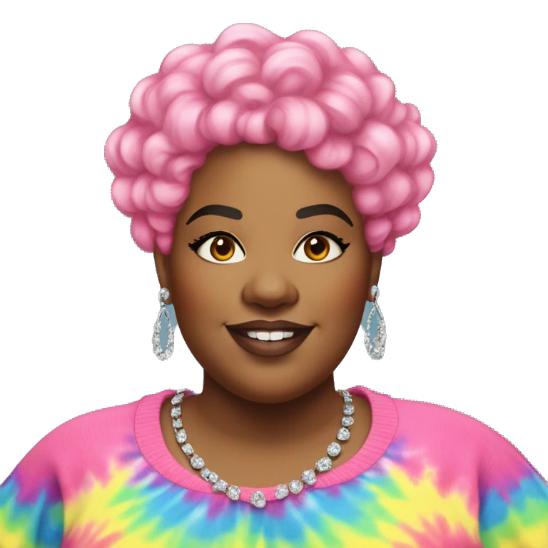 Large Plus size black woman with pink curly pixie cut hair and a rainbow tie dye sweater , and diamond stud earrings  emoji