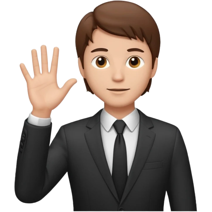 Mach mir einen Tyoen mit braunen haaren und im anzug der männlich ist der mit seiner linken hand zur seite zeigt emoji
