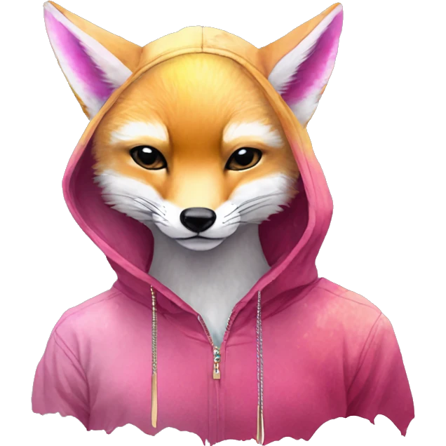 Pink magenta burgundy maroon cyan beige gray fox wearing a pink hoodie with gold jewellery gold piercings gold ear piercing gold nose piercing vintage watercolour tie dye black raven wings emoji