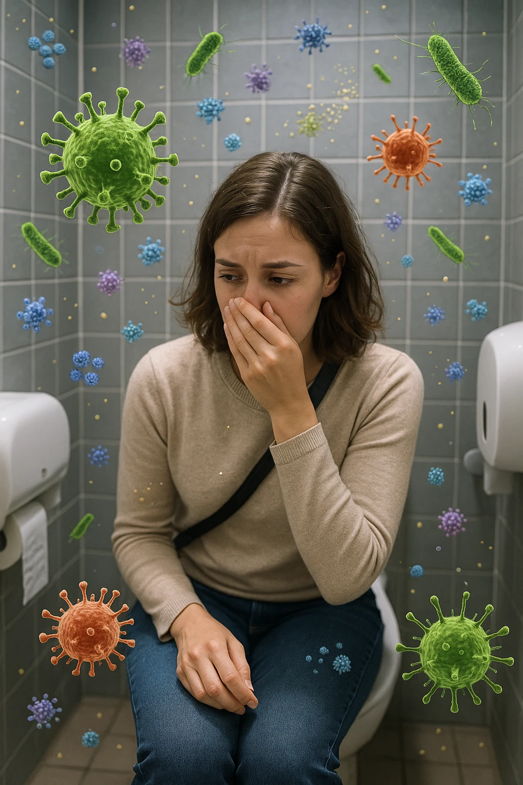 Donna che usa bagni pubblici ma in aria è pieno di virus e batteri emoji