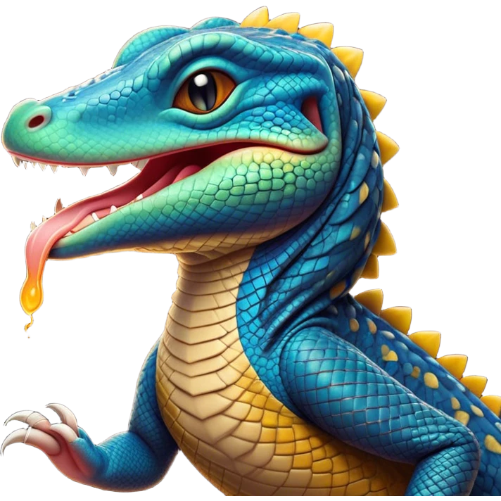 Cinematic Cute Yawning Monitor Lizard Portrait Emoji, Head tilted slightly with a dramatic, wide-open yawn, showcasing textured, patterned scales and sleepy, half-closed eyes exuding relaxed charm, Simplified yet irresistibly adorable features, highly detailed, glowing with a soft, cozy glow, high shine, relaxed yet expressive, stylized with a dash of whimsical wildness, soft glowing outline, capturing the essence of a drowsy yet affectionate reptile that appears ready to stretch out for a nap! emoji