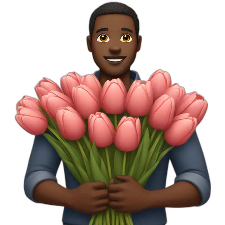 Black man holding a huge bouquet of tulips in his arms emoji