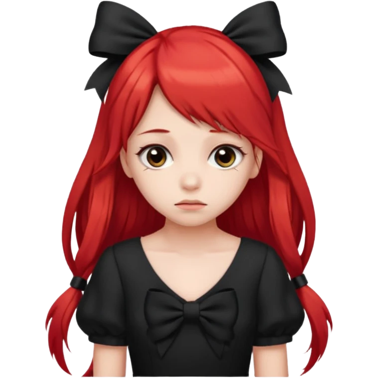 red long twin tail hair girl with black bow on her hair wearing black dress with a sad face emoji