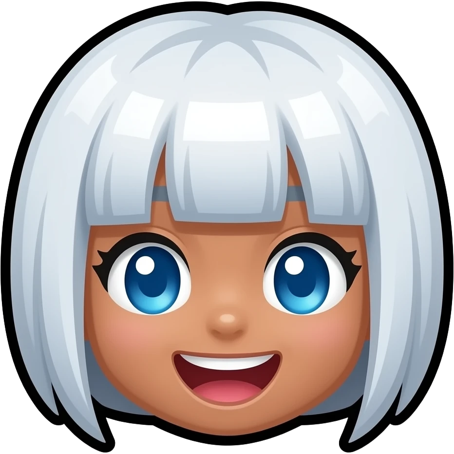Flat 8-bit Chibi square pixelated head icon of a girl laughing white white short hair blue eyes pixel square eyes and brown skin emoji