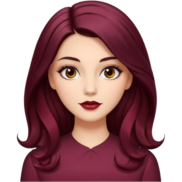 young glamorous woman 
Long waist-long hair
hair parted in the centre of her face
slightly wavy
dark burgundy hair 
 emoji