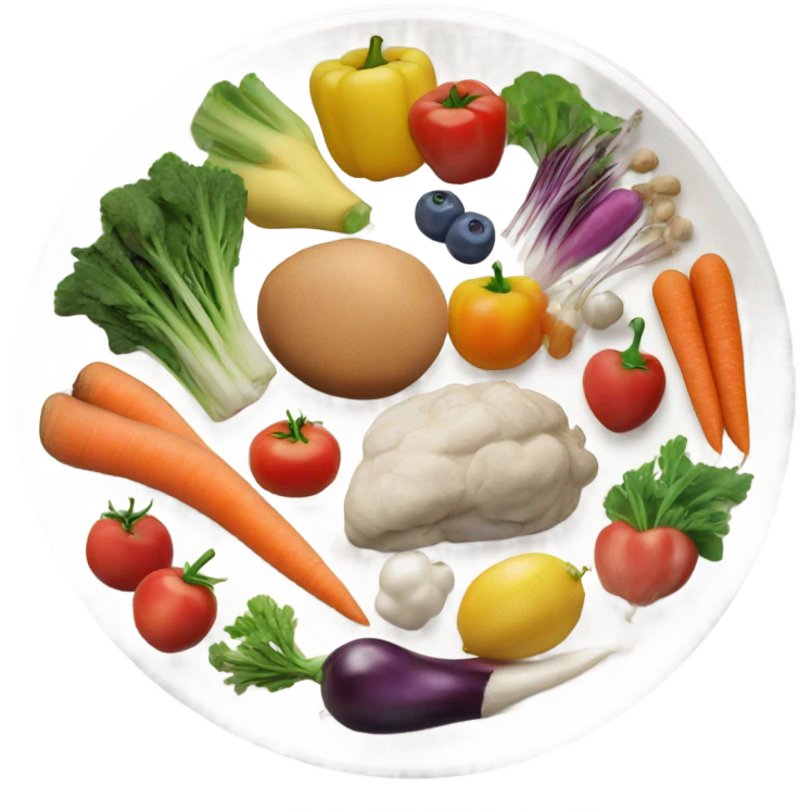 a large white round plate of realistic healthy food emoji