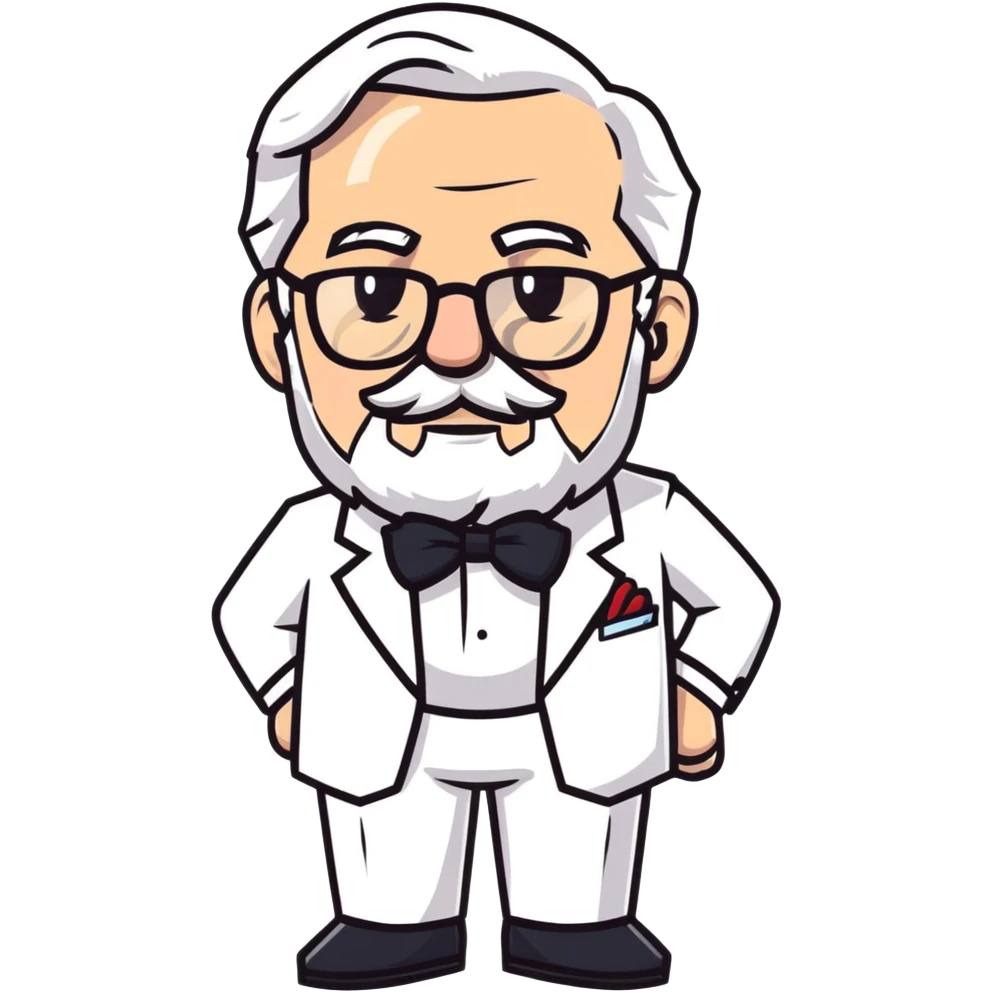 Colonel Sanders KFC, old man with white hair, white goatee, black bow tie, white suit, glasses emoji