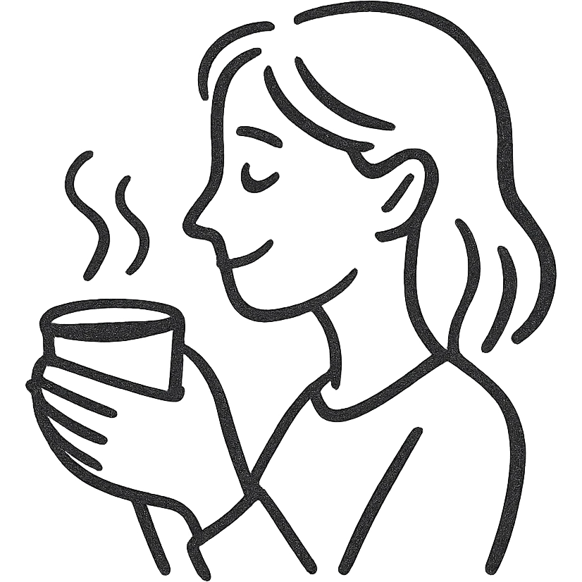 pen-drawn hand sketch style emoji of a woman in side profile, gently smiling, holding a steaming coffee cup with both hands, casual and simple lines, minimal or no color, cozy and relaxed mood, clear and warm expression emoji