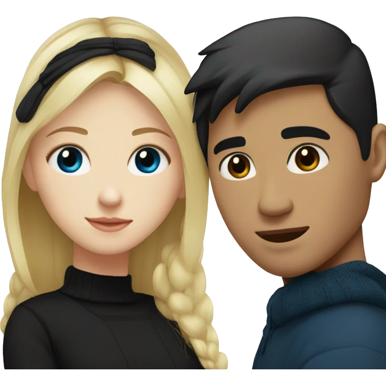 Blonde girl with blue eyes in black sweater and an east asian man with black hair and black eyes hugging emoji