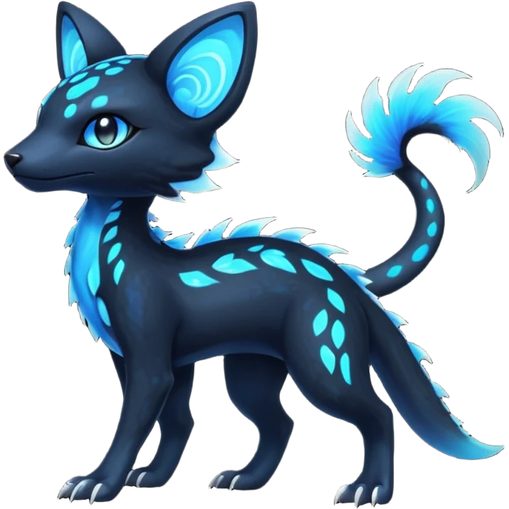 Rare realistic dark black with glowing blue bioluminescent edgy badass epic pretty beautiful handsome gorgeous aesthetic colorful vibrant Vernid-Trico-species-Fakemon-creature by LiLaiRa, 4 legs, 1 tail, random markings, (full body) emoji
