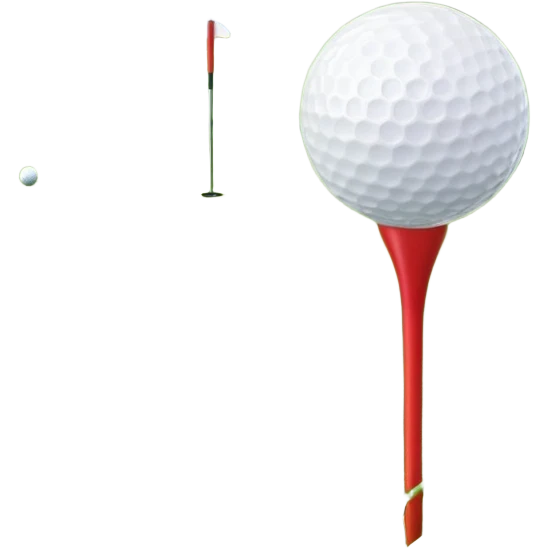 A golf ball resting on the grass of a lush golf course, with a golf club positioned nearby, ready for the next shot. The background features rolling green hills and a clear sky, highlighting the serene and precise nature of the sport. emoji