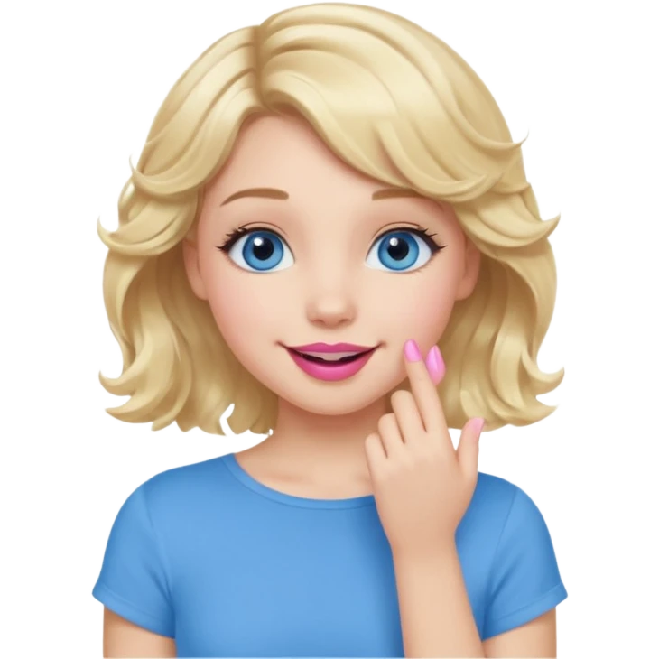 Girl Blonde short wavy hair,  blue eyes, cute blue top, long lashes, pink lips, smiling, hand covering the mouth emoji