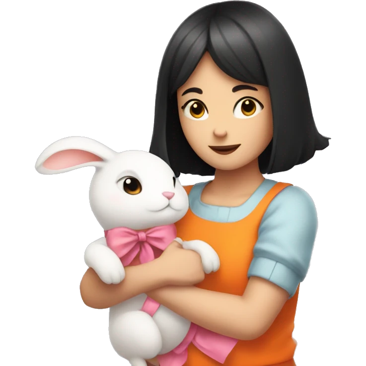 Black Short haired white girl hugging orange rabbit with pink ribbon emoji