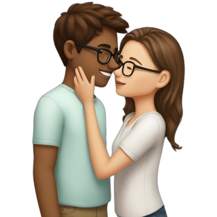White girl brown hair kissing indian boy's cheek with glasses emoji