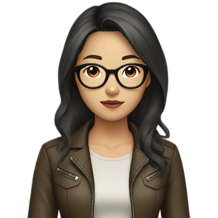 asian girl with glasses and a leather jacket with a  khaki shirt and long dark hair emoji