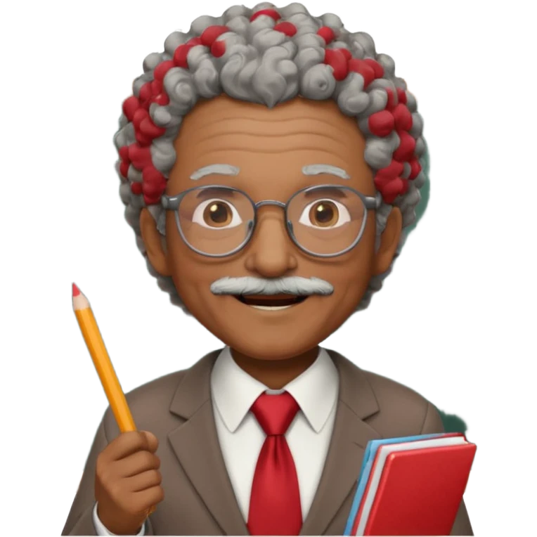 old man teacher, brown skin, curly grey white hai, wearing glasses, brown suit, red tie hold chalk on hand emoji