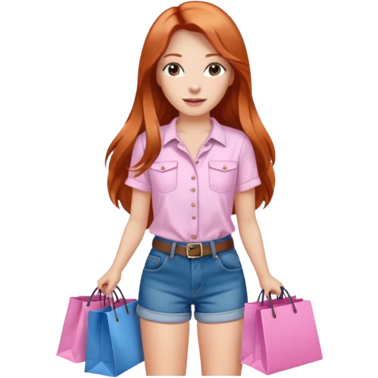 Chica con cabello cobrizo largo short de jeans blusa blanca y bolsas de compras rosas emoji
