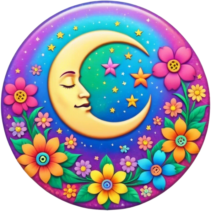 A round psychedelic colored button with a rainbow colored damask style moon and hippie flowers in the center emoji